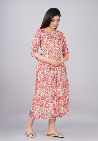 Off White Flower Print Maternity Nursing Gown with Feeding Zip