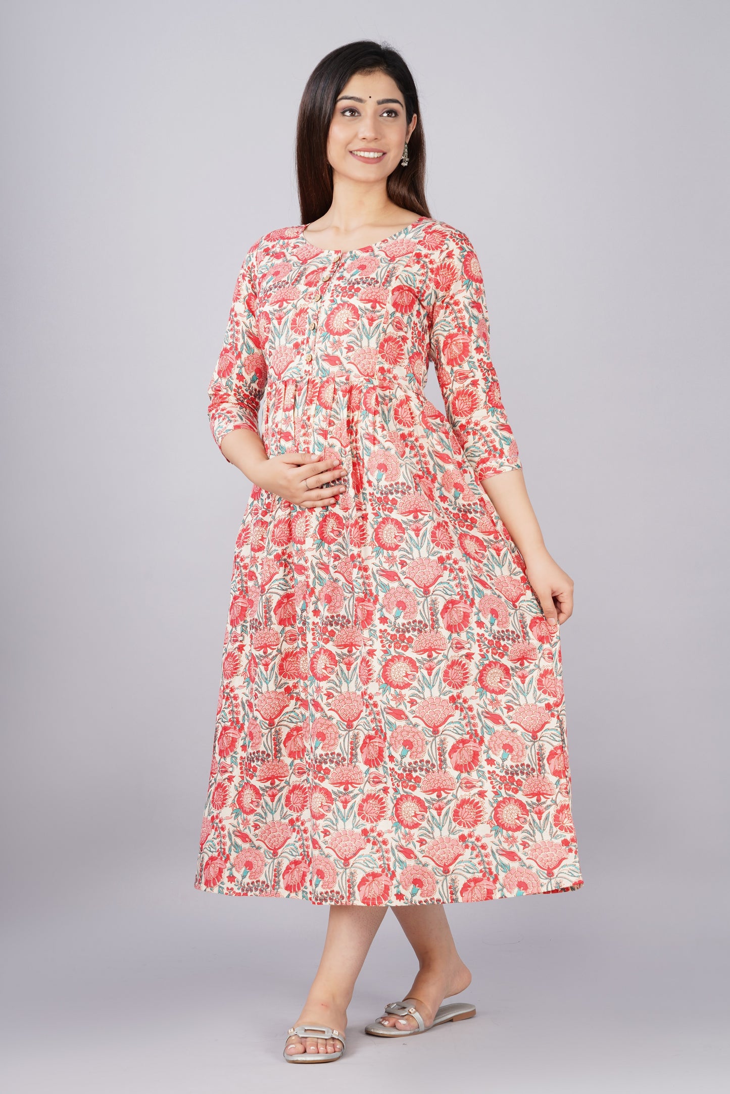 Off White Flower Print Maternity Nursing Gown with Feeding Zip