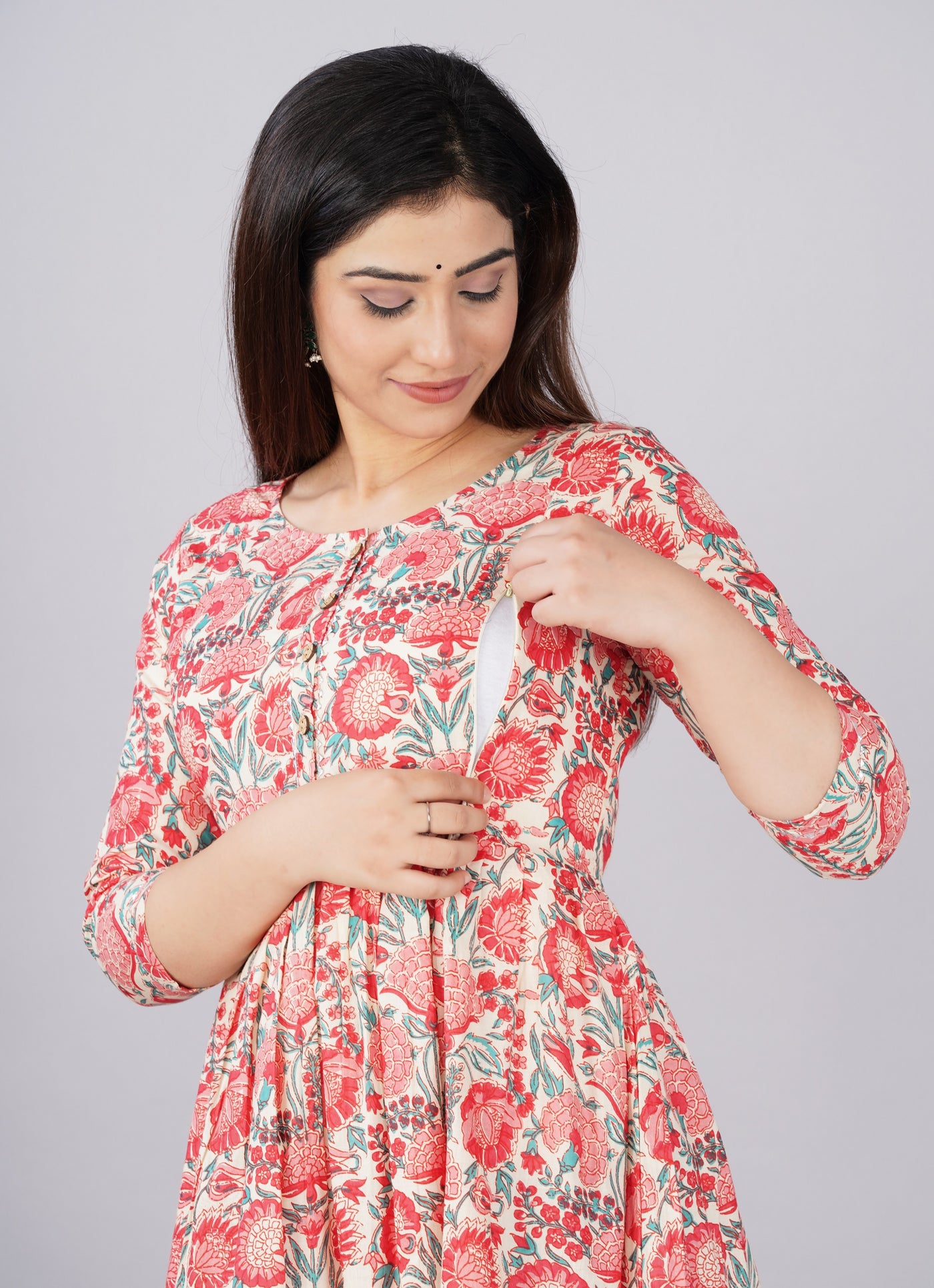 Off White Flower Print Maternity Nursing Gown with Feeding Zip