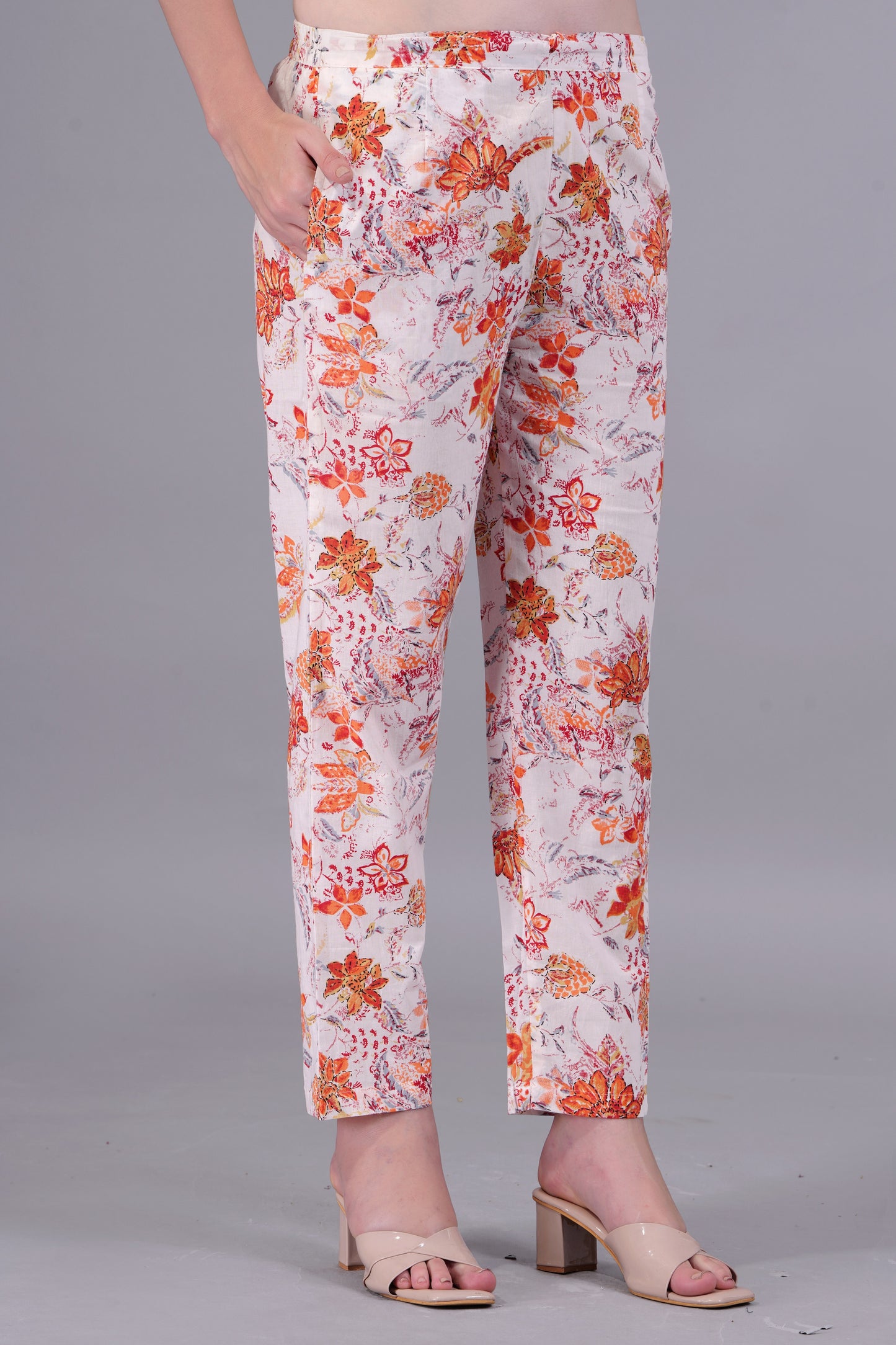 standard orange flower printed creamy cotton co-ord set