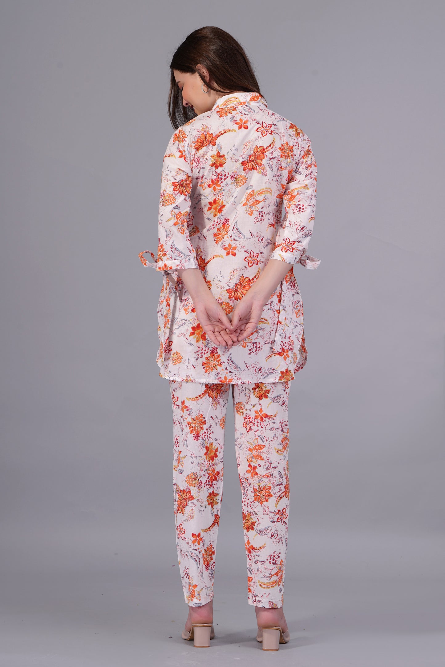 standard orange flower printed creamy cotton co-ord set