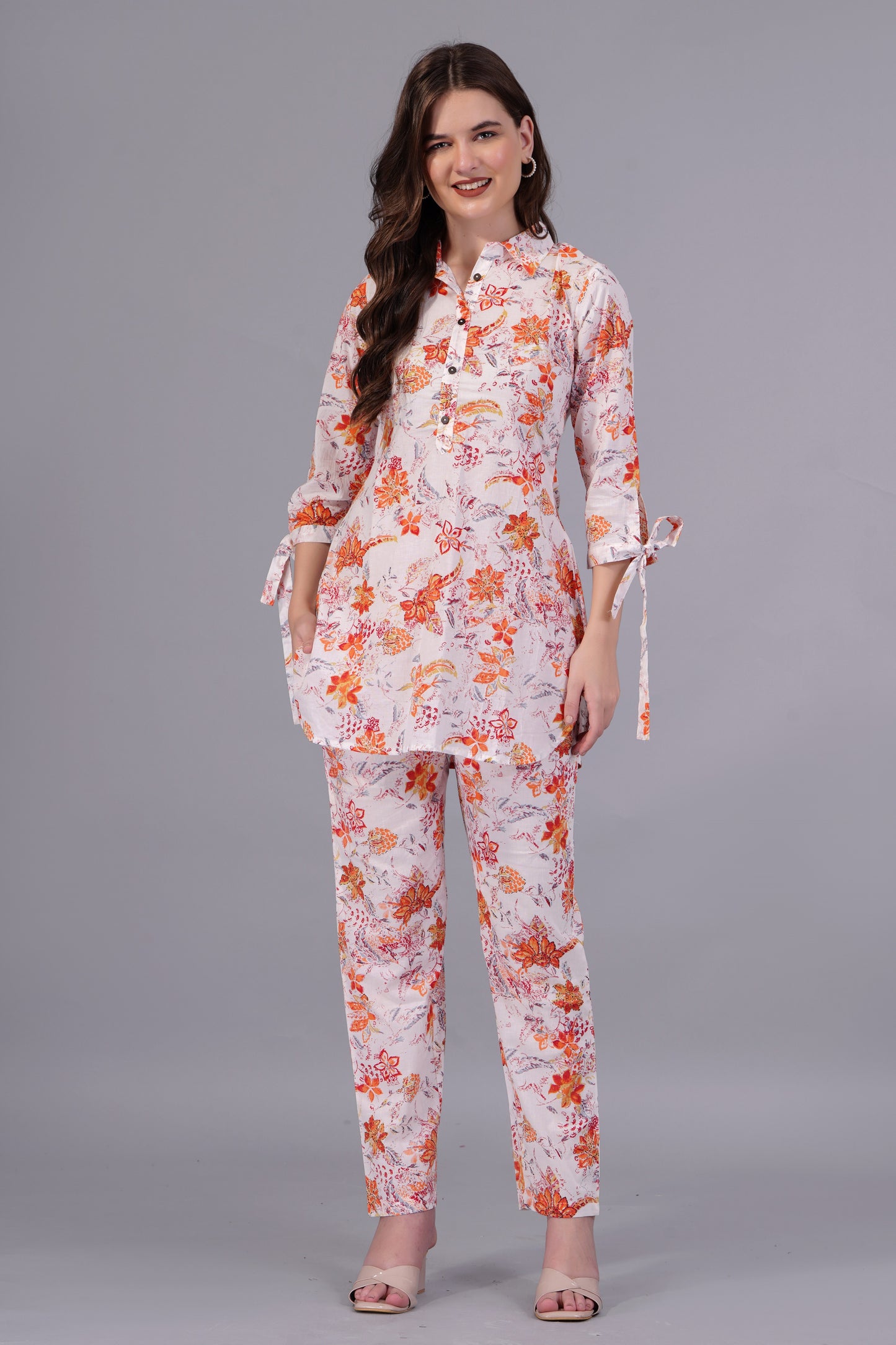 standard orange flower printed creamy cotton co-ord set