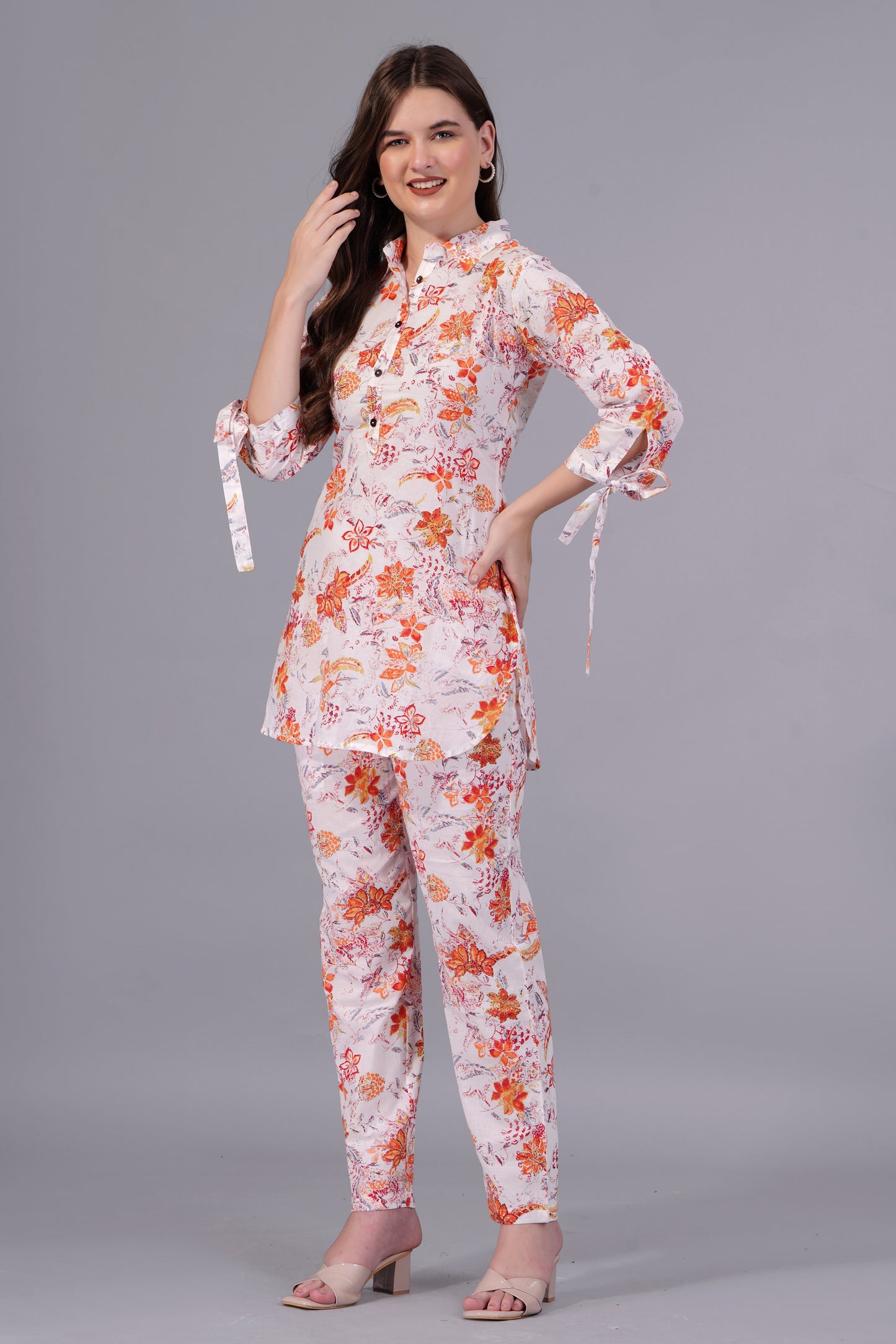 standard orange flower printed creamy cotton co-ord set