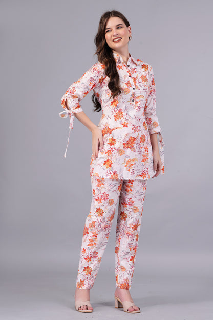 standard orange flower printed creamy cotton co-ord set