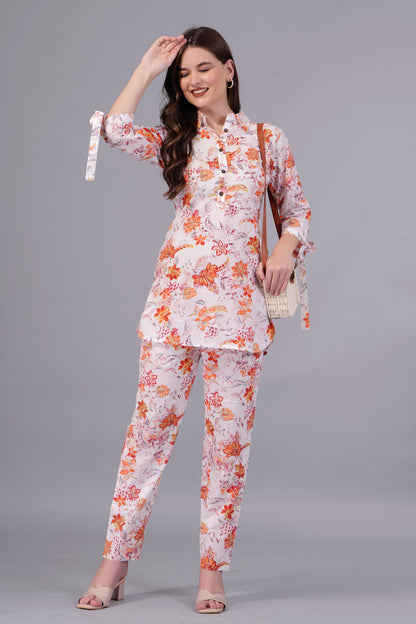 standard orange flower printed creamy cotton co-ord set