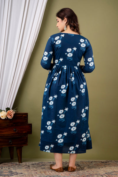 Dark Blue and White Flower Print Maternity Nursing Gown with Feeding Zip