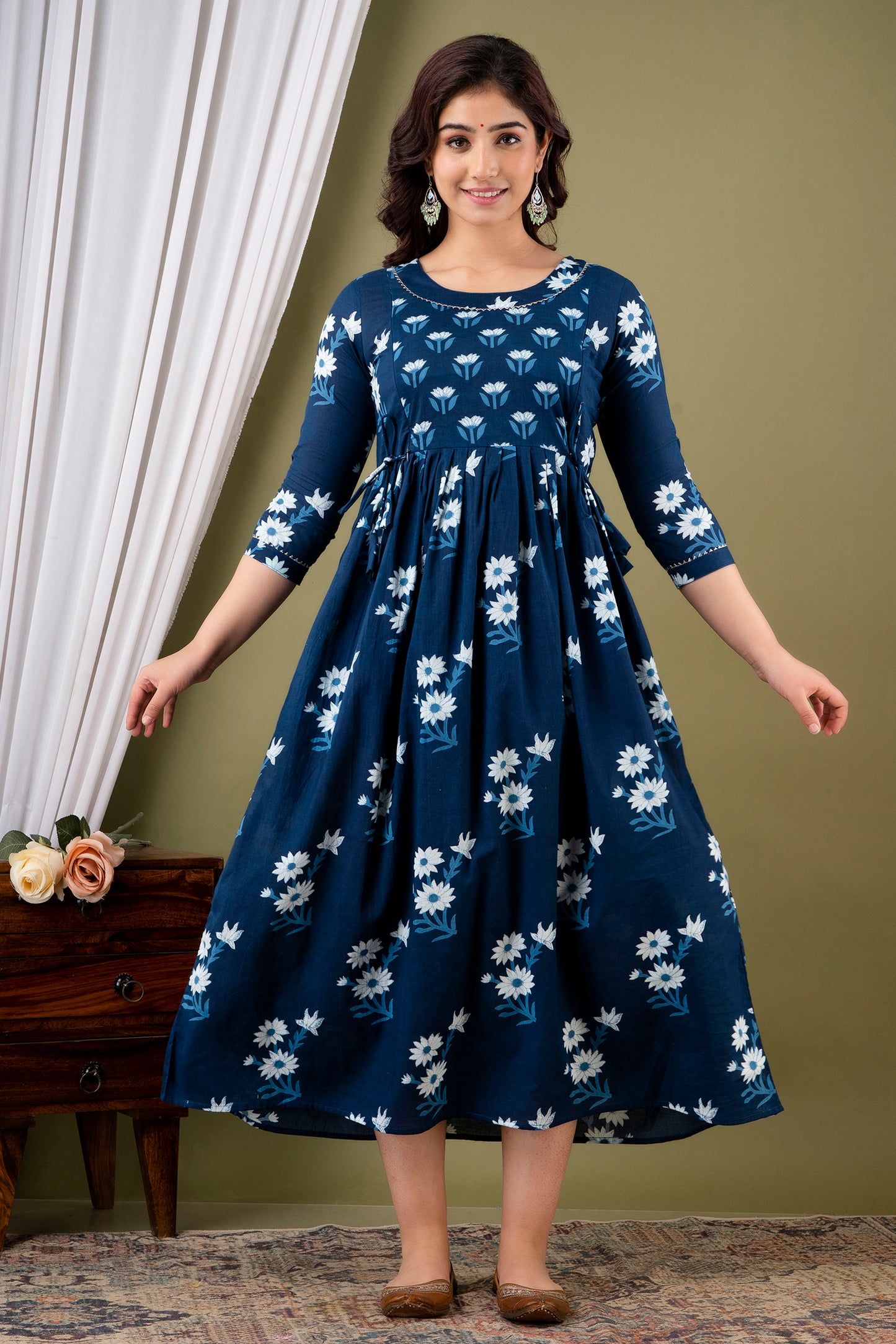 Dark Blue and White Flower Print Maternity Nursing Gown with Feeding Zip