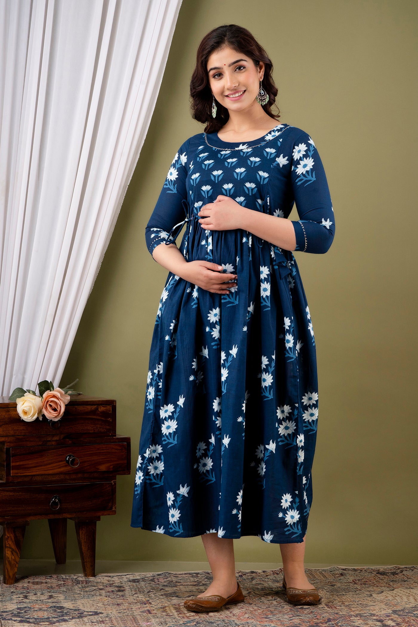 Dark Blue and White Flower Print Maternity Nursing Gown with Feeding Zip
