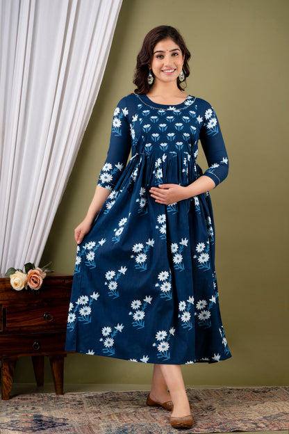 Dark Blue and White Flower Print Maternity Nursing Gown with Feeding Zip