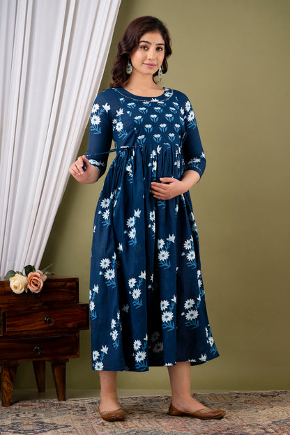 Dark Blue and White Flower Print Maternity Nursing Gown with Feeding Zip