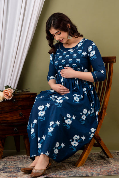 Dark Blue and White Flower Print Maternity Nursing Gown with Feeding Zip