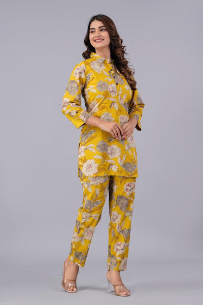 Royal beauty flower leaf printed Munsell yellow cotton co-ord set