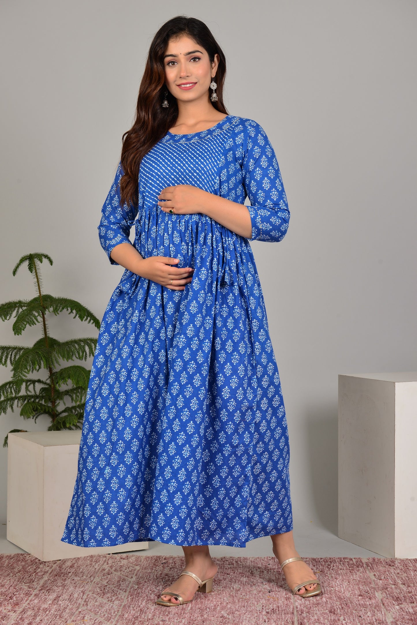 Cobalt Blue Maternity Nursing Gown with Feeding Zip