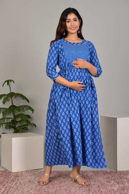 Cobalt Blue Maternity Nursing Gown with Feeding Zip