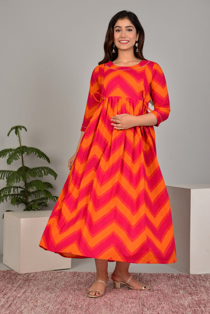 Pink Orange Maternity Nursing Gown with Feeding Zip