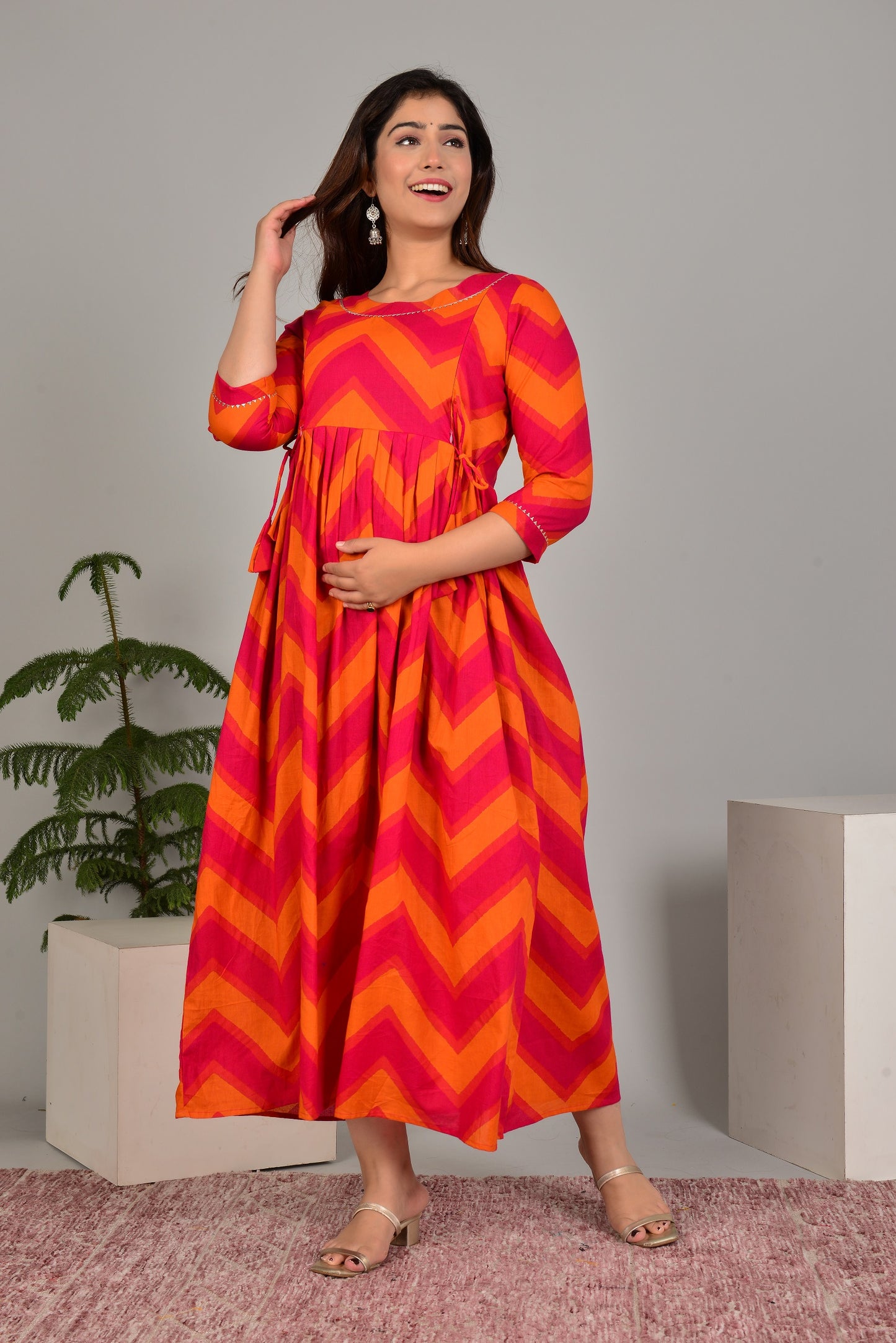 Pink Orange Maternity Nursing Gown with Feeding Zip