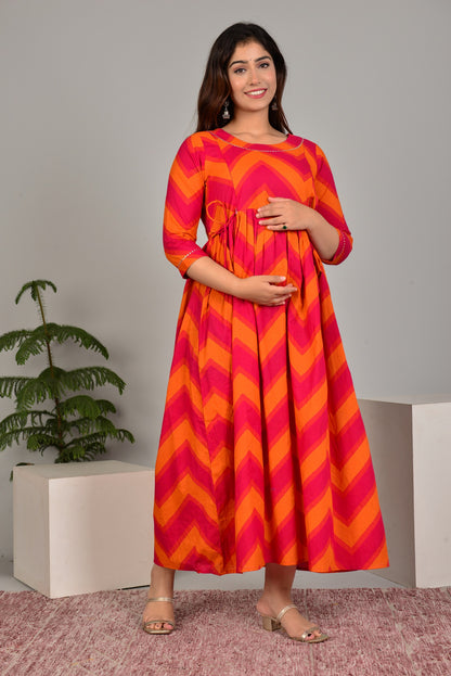 Pink Orange Maternity Nursing Gown with Feeding Zip