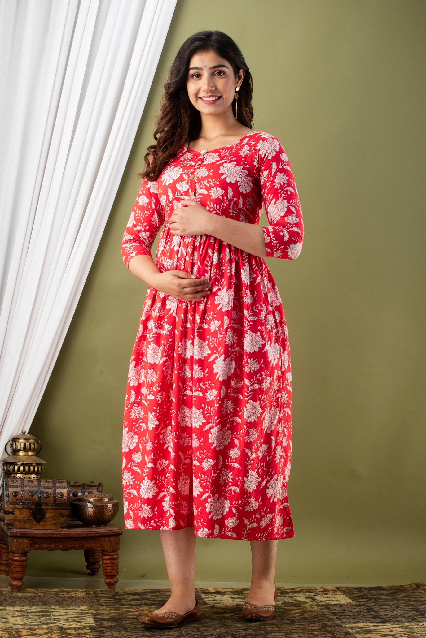 Red White Flower Maternity Nursing Gown with Feeding Zip