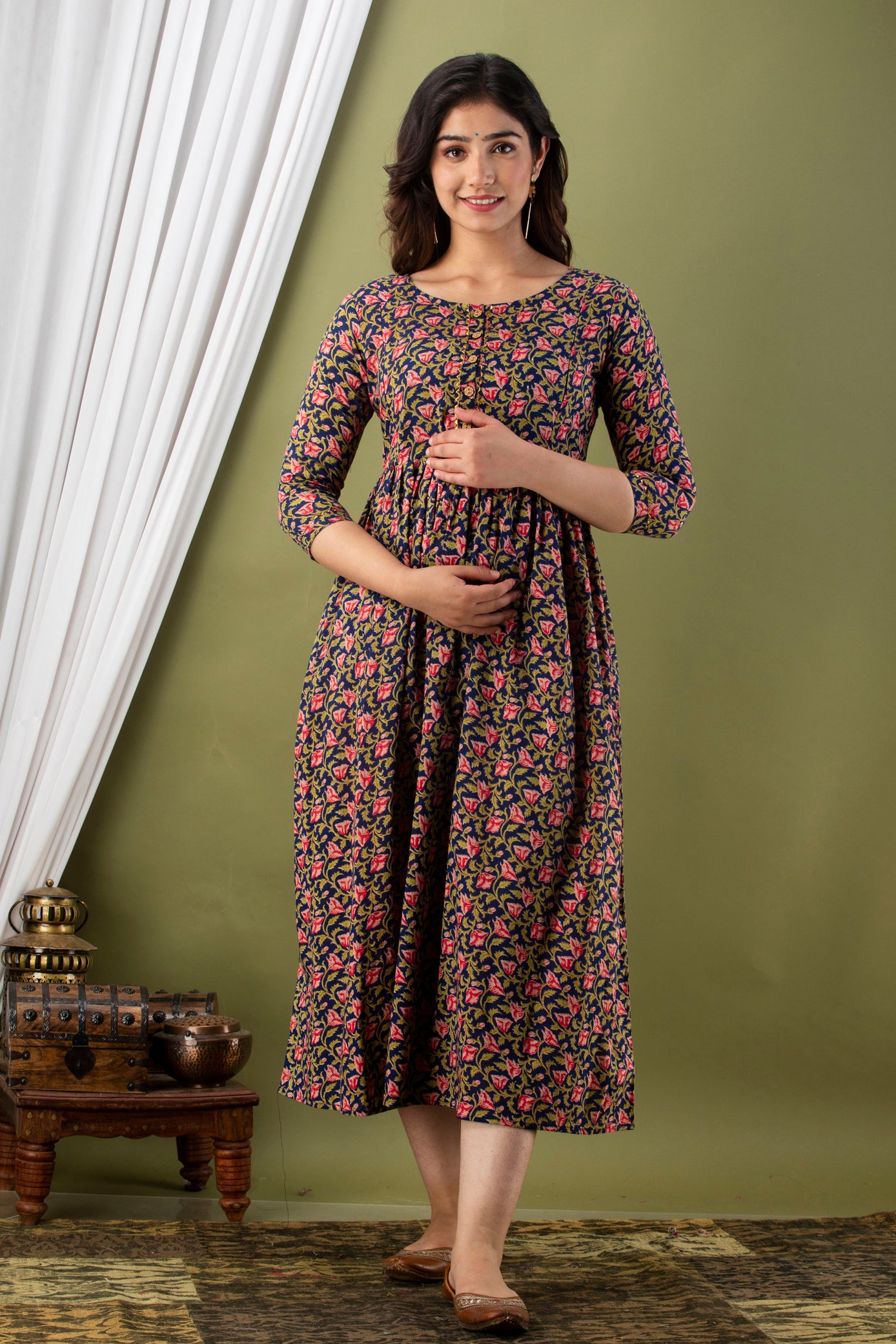 Blue Pink Flower Maternity Nursing Gown with Feeding Zip