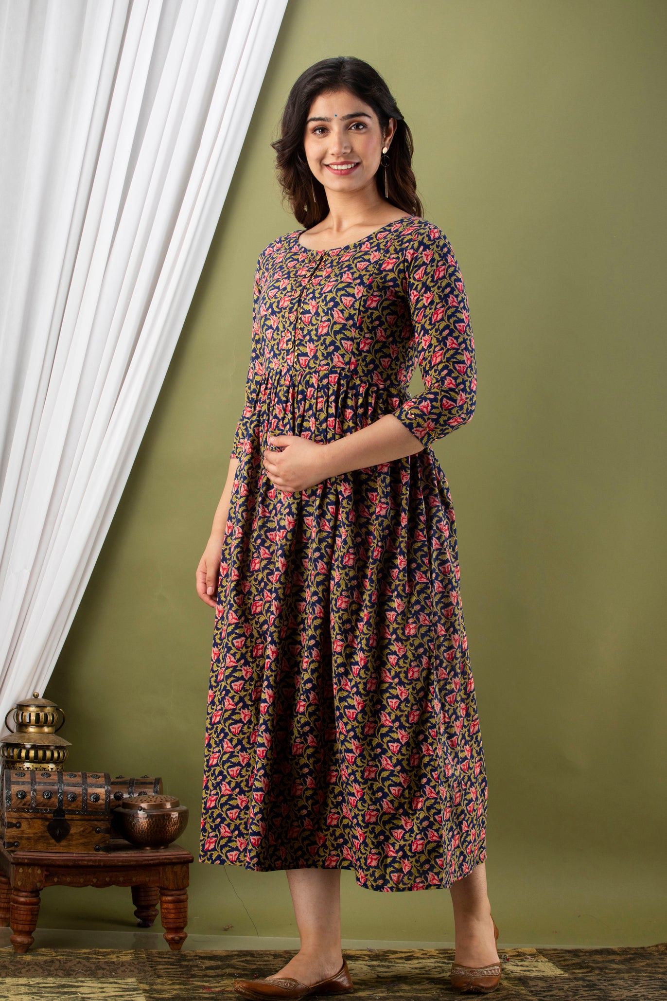 Blue Pink Flower Maternity Nursing Gown with Feeding Zip