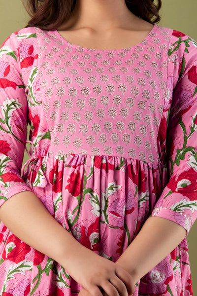 Pink Bel Print Yog Maternity Nursing Gown with Feeding Zip