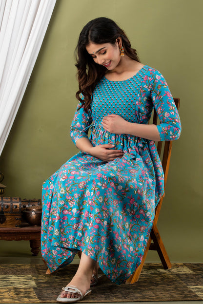 Sky Bel Print Maternity Nursing Gown with Feeding Zip