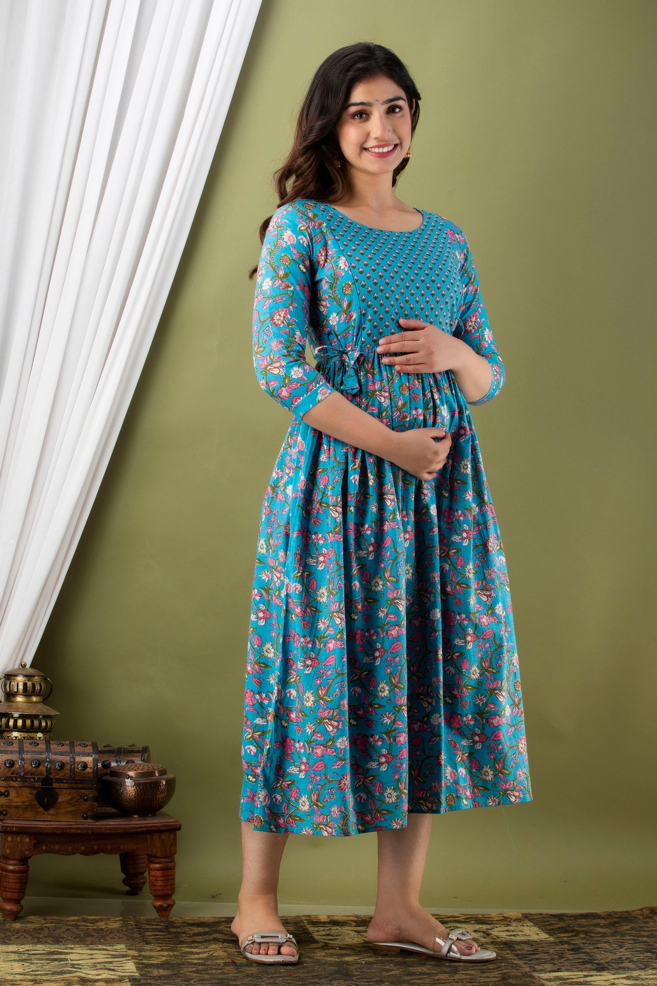 Sky Bel Print Maternity Nursing Gown with Feeding Zip