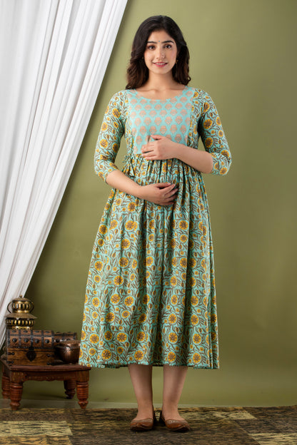 Pista Yellow Flower Yog Maternity Nursing Gown with Feeding Zip