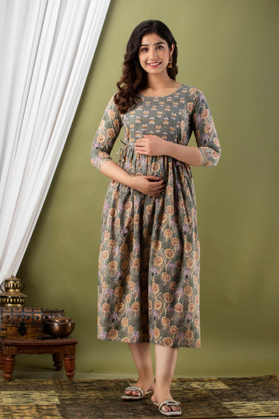 Grey Off White Flower Maternity Nursing Gown with Feeding Zip