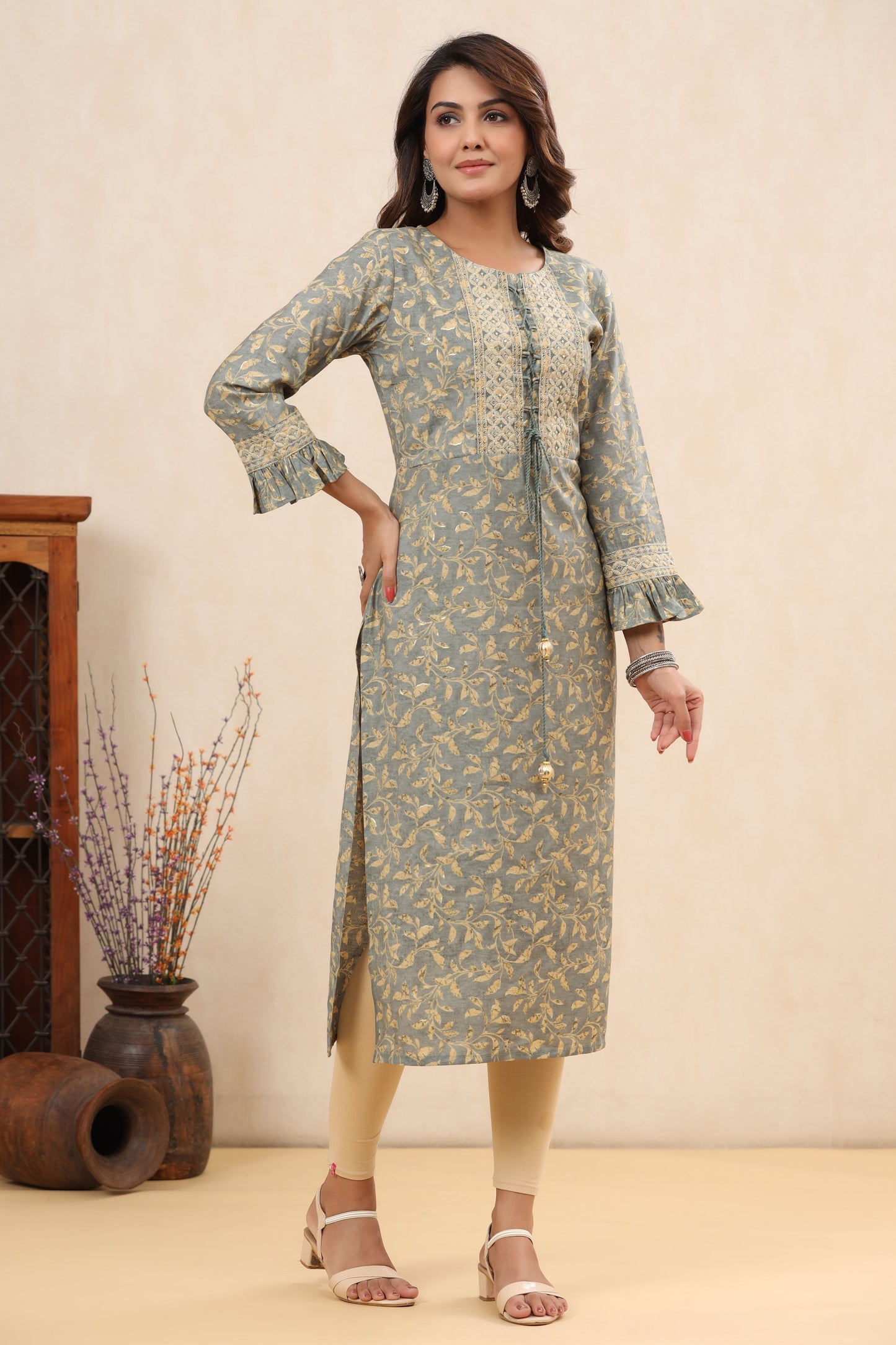 Leaf Printed Superb Cotton Grey Kurta