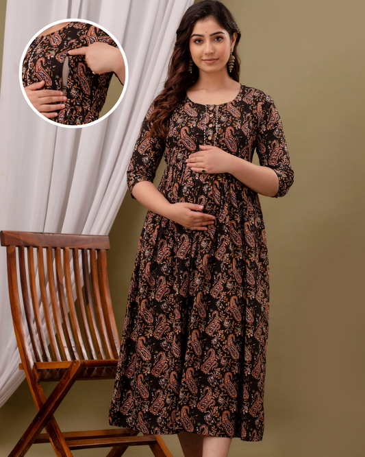 Chic Buti Print Maternity Nursing Gown: Postpartum, Dual Side Zips