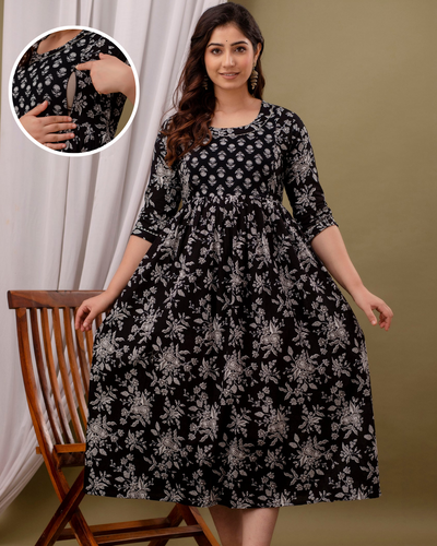 Dark Black Floral Feeding Maternity Gown: Invisible Zips