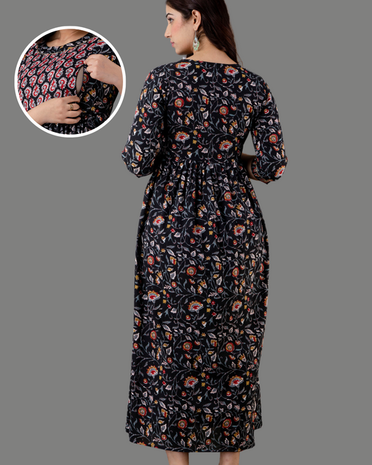 Dark Black Flower Pregnancy Feeding Gown: Dual Invisible Zips