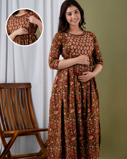 Dark Brown Floral Feeding Maternity Gown: Invisible Zips Both Sides