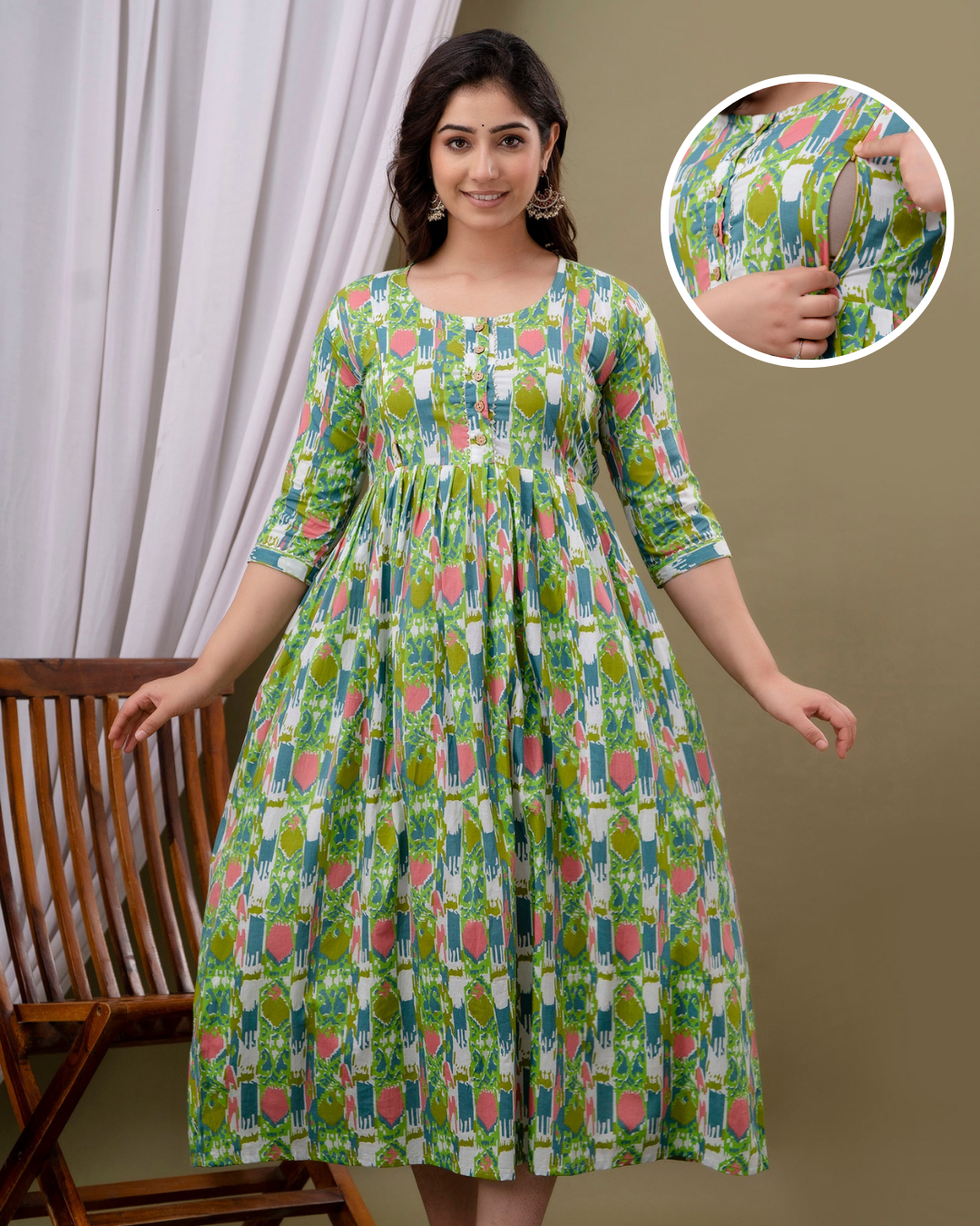 English Printed Pregnancy Gown: Parrot Green, Dual Invisible Zips