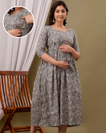 Grey Buti Print Postpartum Gown: Dual Invisible Zips for Feeding