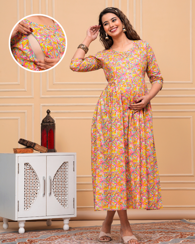 Multi-Color Floral Maternity Gown: Invisible Feeding Zip