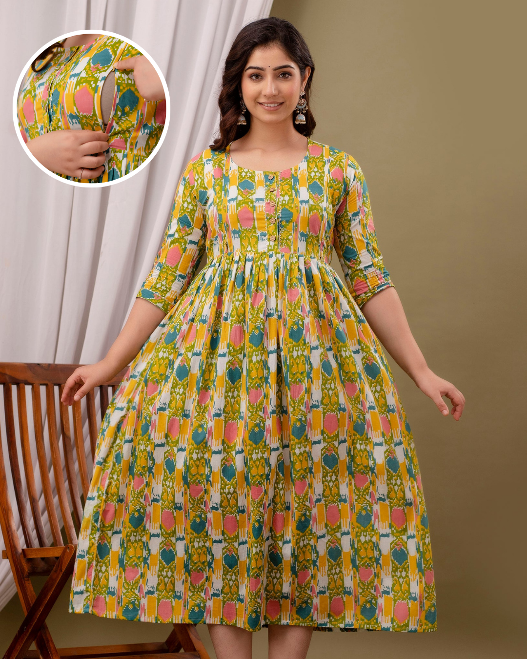 Multicolor English Print Pregnancy Gown: Dual Invisible Zips for Feeding