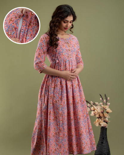 Peach Floral Maternity Nursing Gown: Dual Invisible Zips