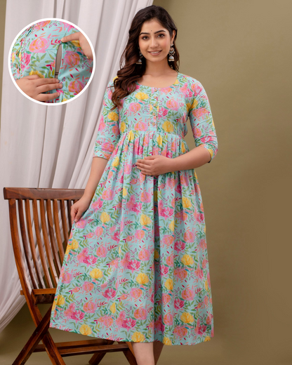 Postpartum Nursing Gown: Pink & Yellow Flower Print, Dual Zips