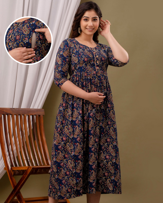 Royal Blue Floral Nursing Gown: Postpartum, Dual Invisible Zips