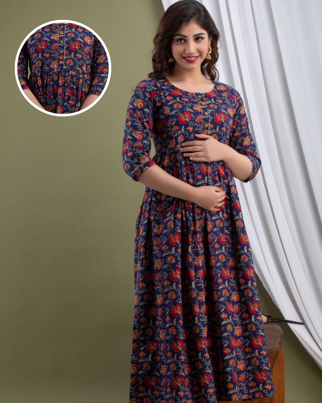 Royal Blue Flower Printed Maternity Feeding Gown: Dual Invisible Zips