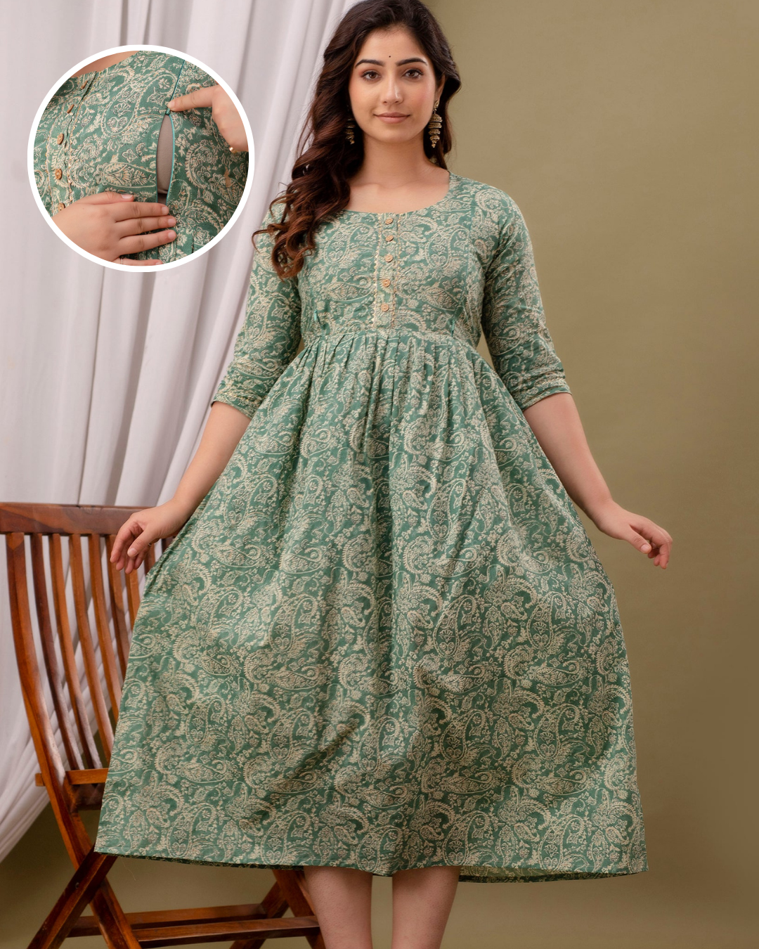 Smoke Green Buti Print Nursing Gown: Postpartum, Invisible Zips