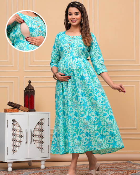 Aqua Blue Maternity Long Kurti: Invisible Feeding Zip