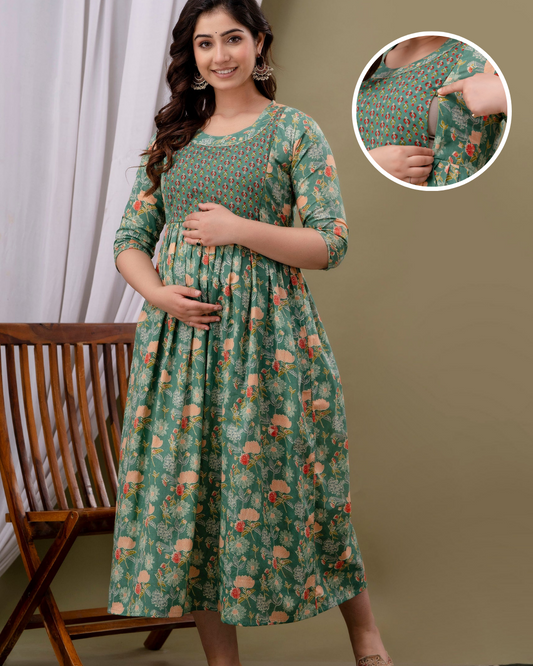 Beautiful Floral Pregnancy Cum Feeding Gown: Dual Side Zips