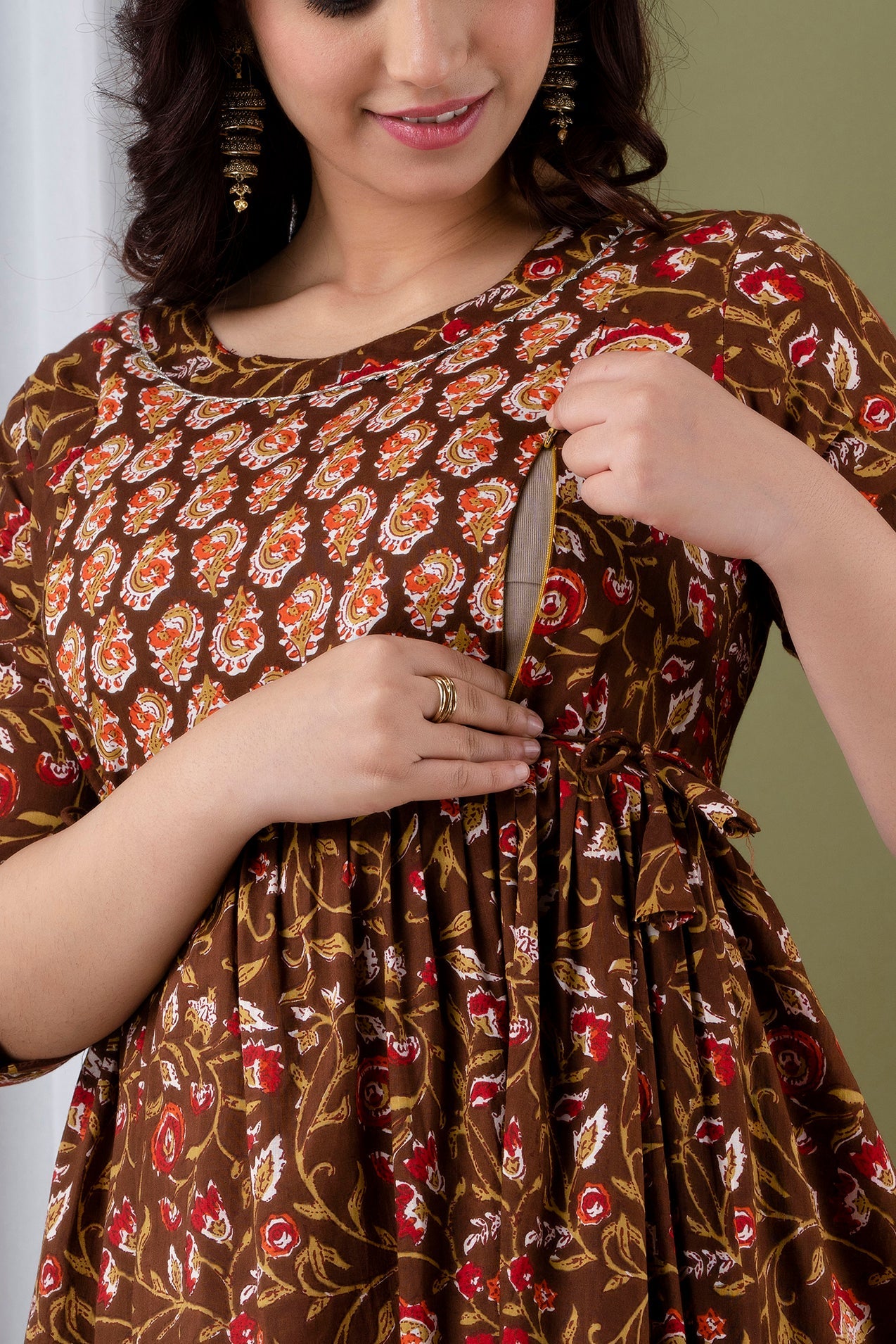 Dark Brown Floral Feeding Maternity Gown: Invisible Zips Both Sides