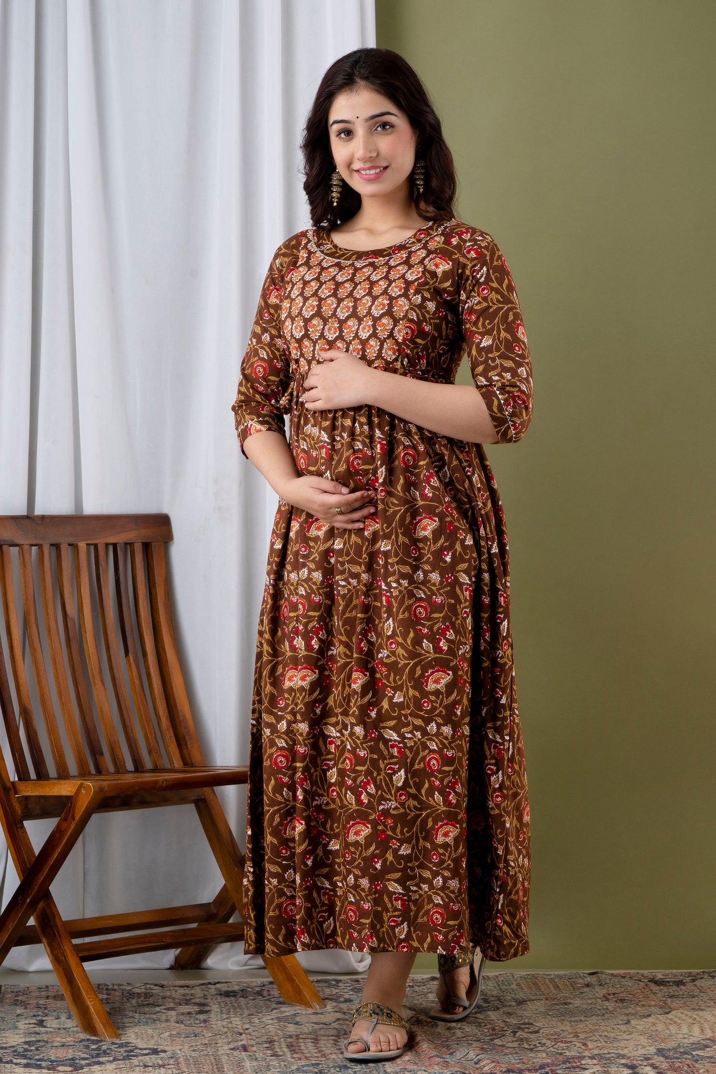 Dark Brown Floral Feeding Maternity Gown: Invisible Zips Both Sides