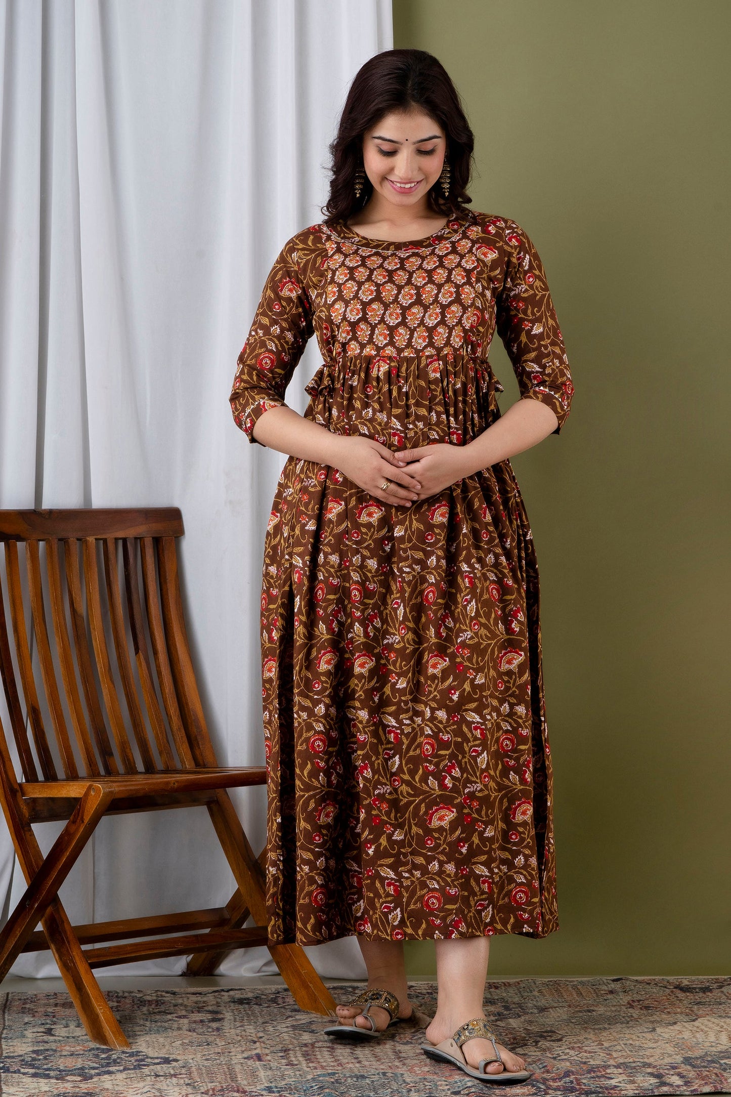 Dark Brown Floral Feeding Maternity Gown: Invisible Zips Both Sides