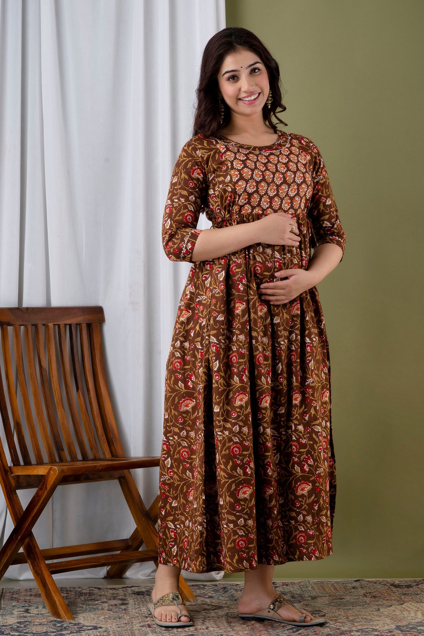 Dark Brown Floral Feeding Maternity Gown: Invisible Zips Both Sides