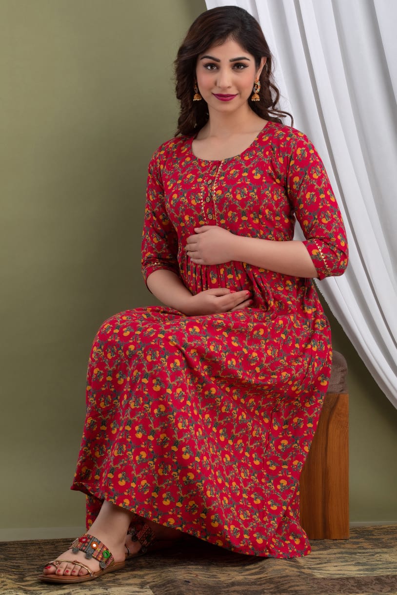 Heart Red Floral Pregnancy Feeding Gown: Dual Invisible Zips
